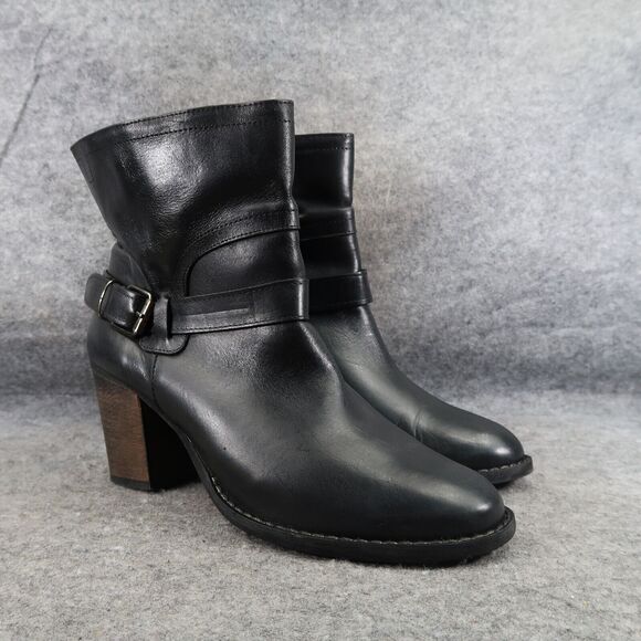 Greisy Shoes Womens 40 Bootie Leather Stacked Heel Buckle Strap Ankle Boot Black - Picture 1 of 16
